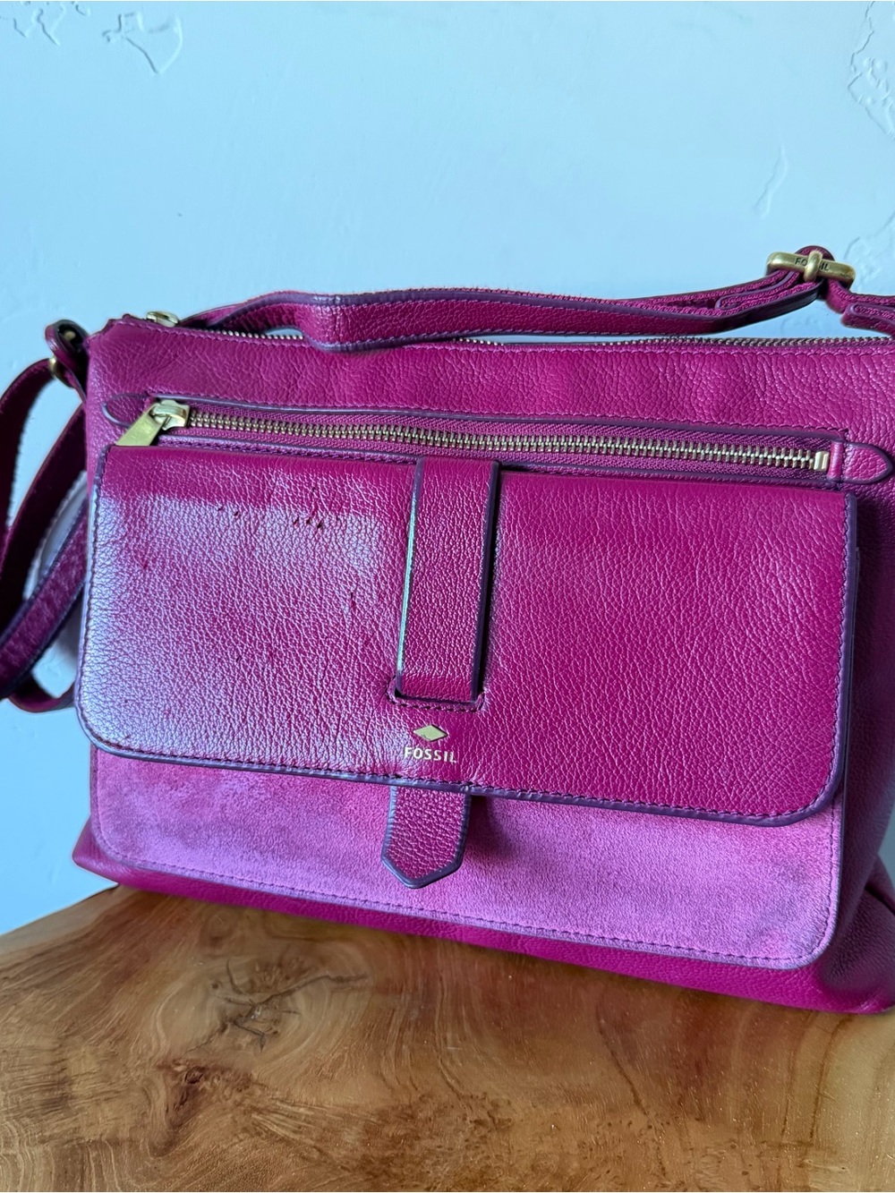 Fossil Magenta Pink Leather Suede Crossbody Messenger Bag Key Charm Purse